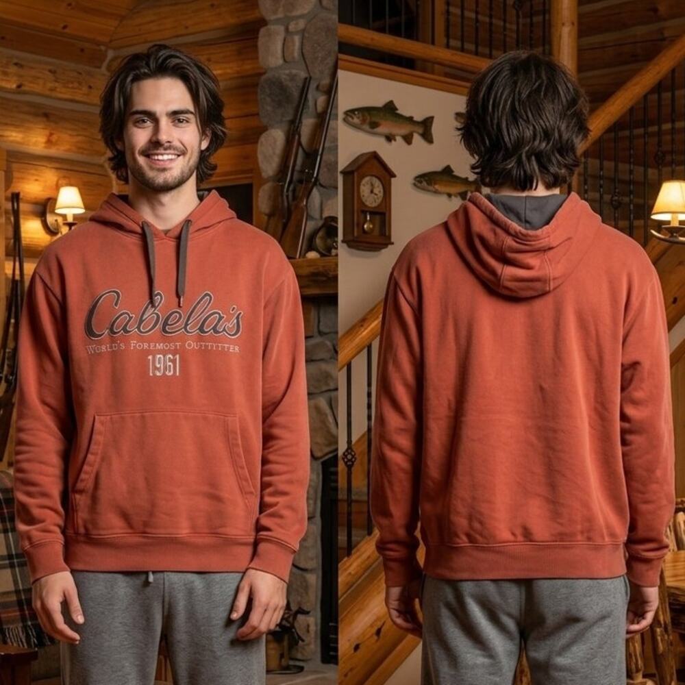 Cabelas Embroidered Logo 1961 Hoodie Pullover Lined Burnt Orange Mens Small